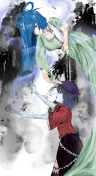 26_touhou 2girls absurdres black_eyes black_ribbon black_skirt blue_eyes blue_hair closed_mouth colored_skin commentary cowboy_shot dress floating green_dress grey_background grey_hair grey_skin hair_ornament hair_over_one_eye hair_rings hair_stick hat hat_ornament highres jiangshi kaku_seiga lace-trimmed_sleeves lace_trim long_hair miyako_yoshika multiple_girls neck_ribbon newsboy_cap ofuda open_mouth outstretched_arms purple_hat red_shirt ribbon shirt short_sleeves skirt smile star_(symbol) star_hat_ornament touhou zombie_pose