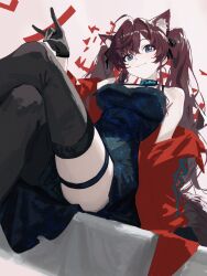1girl absurdres ahoge animal_ear_fluff animal_ears black_thighhighs blue_eyes breasts brown_hair cat_ears closed_mouth cobwvmeti crossed_legs dress fox_shadow_puppet from_below hashtag-only_commentary highres ichinose_shiki idolmaster idolmaster_cinderella_girls kemonomimi_mode large_breasts long_hair looking_at_viewer sitting smile solo thigh_strap thighhighs twintails