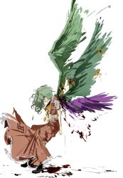 Rule 34 | 1girl, ascot, black footwear, blood, blood on clothes, blood on ground, blood splatter, collared shirt, curly hair, frilled skirt, frills, from side, full body, hand on own stomach, highres, kazami yuuka, kazami yuuka (pc-98), kazami yuuka (seihou), kioh gyoku, long hair, long skirt, multicolored wings, multiple wings, open clothes, open vest, plaid clothes, plaid vest, profile, puffy short sleeves, puffy sleeves, red eyes, red skirt, red vest, seihou, sesmkun, shirt, short sleeves, simple background, skirt, skirt set, solo, touhou, touhou (pc-98), vest, white background, white shirt, wings, yellow ascot