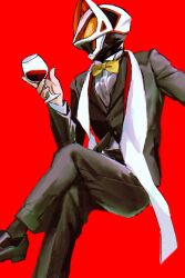 Rule 34 | 1boy, alcohol, armor, black suit, bodysuit, bow, bowtie, commentary, cup, drinking glass, english commentary, formal clothes, highres, holding, kamen rider, kamen rider geats, kamen rider geats (series), male focus, oresanjyo, red background, red wine, simple background, solo, suit, tokusatsu, wine, wine glass, yellow bow, yellow bowtie