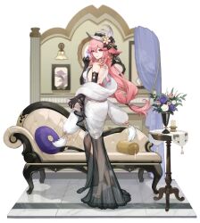 1girl absurdres animal_ears backless_dress backless_outfit bag bare_shoulders black_gloves dress elbow_gloves feather_boa flower fox_ears full_body genshin_impact gloves hair_between_eyes handbag hat hat_feather hat_flower high_heels highres holding holding_bag holding_wallet long_hair official_art pink_hair purple_eyes shoes smile solo standing third-party_source wallet white_dress white_hat white_shoes yae_miko yae_miko_(resplendent_feast)
