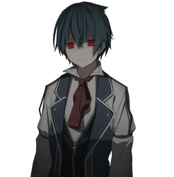 1boy aqua_hair blue_vest ex_(grimms_notes) grimms_notes highres iumi_urura male_focus neckerchief prometheus_(grimms_notes) red_neckerchief shirt short_hair solo upper_body vest white_shirt zipper_pull_tab