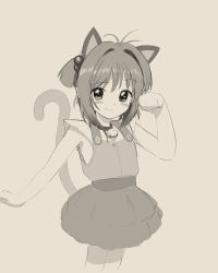 Rule 34 | 1girl, :3, animal ears, armpits, blush stickers, cardcaptor sakura, cat ears, cat tail, cowboy shot, crumbles, dress, grey background, greyscale, hair bobbles, hair ornament, highres, kemonomimi mode, kinomoto sakura, looking at viewer, medium hair, monochrome, paw pose, simple background, smile, solo, standing, tail, tail raised, two side up