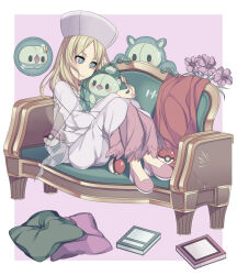 1girl book caitlin_(pokemon) cape couch creatures_(company) duosion game_freak gen_5_pokemon hikawa_meijin nintendo on_couch pink_shoes pokemon pokemon_bw reuniclus see-through_cape shoes solosis