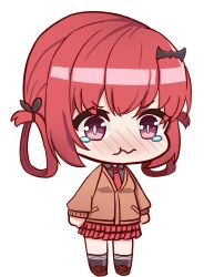 Rule 34 | 1girl, arms at sides, bat hair ornament, black socks, blush, bright pupils, brown cardigan, brown shoes, cardigan, chibi, closed mouth, collared shirt, commentary, english commentary, gabriel dropout, hair ornament, hair rings, loafers, long sleeves, necktie, no nose, nose blush, pleated skirt, pout, purple eyes, red hair, red necktie, red skirt, satanichia kurumizawa mcdowell, school uniform, shirt, shoes, skirt, socks, solo, svol, tearing up, v-shaped eyebrows, wavy mouth, white pupils