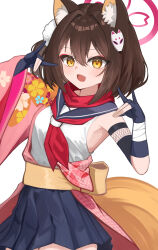 Rule 34 | absurdres, animal ear fluff, animal ears, black gloves, blue archive, blue sailor collar, blue skirt, blush, brown hair, double fox shadow puppet, fang, floral print, floral print kimono, fox ears, fox girl, fox shadow puppet, fox tail, gloves, hair between eyes, hair ornament, highres, izuna (blue archive), japanese clothes, kimono, looking at viewer, menkatsu, neckerchief, open mouth, partially fingerless gloves, pink kimono, pleated skirt, pom pom (clothes), pom pom hair ornament, print kimono, red neckerchief, red scarf, sailor collar, scarf, shirt, short hair, skin fang, skirt, sleeveless, sleeveless shirt, tail, white shirt, yellow eyes