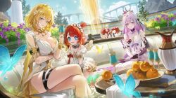5girls :d absurdres aglaea_(honkai:_star_rail) apple arm_under_breasts bare_shoulders black_tiara blonde_hair blue_butterfly blue_eyes blush breasts bug butterfly castorice_(honkai:_star_rail) cleavage closed_mouth collarbone commentary cross-shaped_pupils day dress flower food fruit golden_apple green_butterfly green_eyes hair_between_eyes hair_flower hair_ornament hand_up highres holding honkai:_star_rail honkai_(series) insect large_breasts long_hair mata_hari_(be_shelved)_(fate) meoyo multiple_girls off-shoulder_dress off_shoulder open_mouth outdoors pointy_ears purple_eyes purple_flower purple_hair red_hair sitting smile symbol-shaped_pupils tiara trianne_(honkai:_star_rail) tribbie_(honkai:_star_rail) trinnon_(honkai:_star_rail) very_long_hair white_flower yellow_butterfly