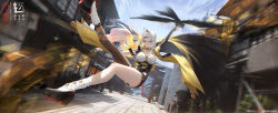 1girl absurdres ahoge architecture arm_up artist_name asymmetrical_gloves between_breasts bird black_bird black_gloves black_shoes black_shorts black_thighhighs breasts building cleavage collared_shirt commentary_request copyright_name dated day dutch_angle east_asian_architecture fingerless_gloves floating_hair full_body gloves glowing gold_armlet hair_ornament hand_up high-waist_shorts highres holding holding_ofuda kuji-in large_breasts legs_up long_hair looking_at_viewer mole mole_on_breast outdoors rain_sama shirt shoes shorts sidelocks single_hair_intake single_thighhigh solo tassel thighhighs thighs tree uneven_gloves very_long_hair vest white_hair white_shirt yellow_eyes yellow_vest yin_yang_pin yixuan_(zenless_zone_zero) zenless_zone_zero