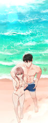 1boy 1girl abs absurdres arm_around_shoulder bare_legs barefoot beach bikini black_hair breasts brown_hair collarbone commentary eating english_commentary food full_body groin highres holding holding_food holding_popsicle large_breasts muscular muscular_male navel original outdoors popsicle red_machine simple_fish smile starfish stomach string_bikini swimsuit topless_male w white_bikini