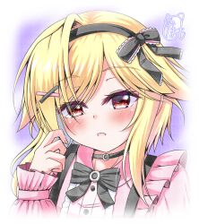 Rule 34 | 1girl, alternate costume, black bow, black bowtie, black choker, black hairband, blonde hair, blush, border, bow, bowtie, center frills, choker, commentary request, eyelashes, frilled bow, frilled shirt, frills, hair bow, hair intakes, hair ornament, hairband, hand up, highres, jirai kei, kin-iro loveriche, long sleeves, looking at viewer, medium hair, open mouth, pink shirt, red eyes, shirt, simple background, single hair intake, solo, souma ria, tamamo (1 tamamo), upper body, white border, x hair ornament