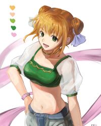 1girl :d absurdres breasts crop_top double_bun fire_emblem fire_emblem:_the_binding_blade green_eyes hair_bun highres hmk_3373 larum_(fire_emblem) looking_at_viewer lower_teeth_only medium_breasts midriff navel nintendo open_mouth orange_hair puffy_short_sleeves puffy_sleeves see-through_clothes see-through_sleeves short_hair short_sleeves smile solo teeth white_background