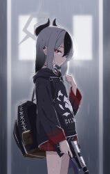 Rule 34 | 1girl, black choker, black hair, black hoodie, black horns, blue archive, bright pupils, choker, demon horns, demon wings, earclip, grey halo, gun, h&amp;k p30, hair between eyes, halo, handgun, highres, holding, holding gun, holding weapon, hood, hoodie, horns, kayoko (blue archive), long hair, long sleeves, looking at viewer, miniskirt, multicolored hair, plaid clothes, plaid skirt, pleated skirt, rain, red eyes, red skirt, single wing, skirt, solo, standing, two-tone hair, weapon, welchsbinn, white hair, white pupils, wings
