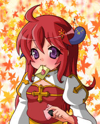 1girl ahoge arch_bishop_(ragnarok_online) blush breasts cleavage_cutout closed_mouth clothing_cutout commentary_request cross dress envelope falling_leaves food juliet_sleeves leaf long_hair long_sleeves looking_at_viewer lowres maple_leaf monou0135 mouth_hold onigiri poring puffy_sleeves purple_eyes ragnarok_online red_dress small_breasts smile solo two-tone_dress upper_body white_dress