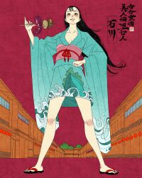 1girl absurdres aqua_kimono artist_logo black_hair breasts cleavage commentary english_commentary food hand_on_own_hip highres holding holding_food ishikawa_prefecture japanese_clothes kimono logo long_hair obi original pink_sash print_kimono road sandals sash sei5osuzuki solo standing street wave_print wide_sleeves