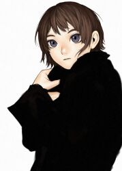 1girl black_coat brown_hair coat expressionless grey_eyes high_collar highres kennomou looking_at_viewer original parted_lips short_hair simple_background solo upper_body white_background