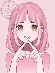 Rule 34 | 1girl, arched bangs, brown hair, covered mouth, eyelashes, highres, lacey (pokemon), looking at viewer, nintendo, pink background, pink hair, pokemon, pokemon sv, shinogo no, short hair, solo, upper body, x fingers