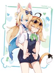 2girls absurdres ahoge animal_ear_fluff barefoot black_hair blonde_hair blue_eyes blue_hair blue_neckerchief blue_overalls blue_sailor_collar blunt_bangs carrying collared_shirt commentary dooby_(vtuber) dress english_commentary fins fish_girl fish_tail frilled_shirt_collar frills goggles goggles_on_head green_ribbon highres indie_virtual_youtuber long_hair low_twintails mouse_girl mouse_tail multicolored_hair multiple_girls namiorii neck_ribbon neckerchief one_side_up open_mouth overalls piggyback ribbon sailor_collar sameko_saba shirt short_hair short_sleeves sleeveless sleeveless_dress soles streaked_hair tail toes twintails very_long_hair virtual_youtuber white_dress white_shirt