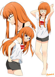 1girl :o ahoge arms_up ass barefoot black-framed_eyewear black_shorts blunt_bangs closed_mouth full_body glasses long_hair looking_at_viewer multiple_views open_mouth orange_hair persona persona_5 purple_eyes sakura_futaba sasha_chii shirt short_shorts shorts sidelocks simple_background standing very_long_hair white_background white_shirt