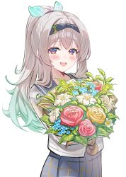 1girl absurdres alternate_hairstyle black_hairband blue_flower blush bouquet checkered_clothes checkered_skirt devl_ga_aru firefly_(honkai:_star_rail) firefly_(spring_missive)_(honkai:_star_rail) flower gradient_hair hair_between_eyes hair_tie hairband highres holding holding_bouquet honkai:_star_rail honkai_(series) long_hair looking_at_viewer multicolored_hair official_alternate_costume open_mouth pink_eyes ponytail red_flower red_rose rose school_uniform simple_background skirt smile solo white_background white_flower yellow_flower yellow_rose