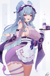 1girl absurdres apron aqua_hair bell breasts cowboy_shot dango_milk_(genshin_impact) detached_sleeves frilled_hairband frills gem genshin_impact hairband highres holding holding_tray japanese_clothes kimono large_breasts long_hair looking_at_viewer neck_bell nihongami obi open_mouth pink_kimono pink_pupils pink_sleeves pisuke_(user_kcmh2774) pointy_ears purple_eyes purple_gemstone sash short_kimono solo tail tail_around_own_leg tapir_tail tray waist_apron wide_sleeves yumemizuki_mizuki