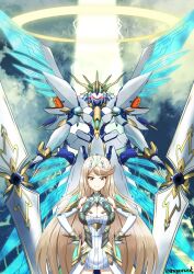 1girl absurdres blonde_hair breasts cleavage cleavage_cutout clothing_cutout cow detached_sleeves dress gloves halo hands_on_own_hips highres large_breasts looking_at_viewer mythra_(xenoblade) noponzok siren_(xenoblade) sky smile swept_bangs tiara twitter_username white_dress white_gloves wings xenoblade_chronicles_(series) xenoblade_chronicles_2 yellow_eyes
