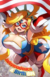 1girl absurdres ahoge american_flag american_flag_print blonde_hair blue_eyes boots breasts city cleavage clothing_cutout domino_mask earrings elbow_gloves eye_mask fingerless_gloves flag_print fourth_of_july fujioka_yatsufusa gloves gold_bow highres holding jewelry kamen_america kamen_america_(comic) large_breasts leotard liberty_spikes long_hair looking_at_viewer mask open_mouth patriotism scenery smile solo star_(symbol) star_cutout star_earrings striped_clothes striped_footwear superhero_costume vertical-striped_footwear