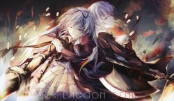 1boy 1girl axe black_dress black_jacket black_lagoon brother_and_sister dress firing gothic_lolita gretel_(black_lagoon) grey_hair grin gun hair_ribbon hansel_(black_lagoon) highres holding holding_axe jacket lolita_fashion ribbon rifle shell_casing shouda_kaichou siblings smile twins weapon
