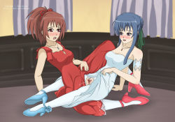2girls aoi_nagisa arm_support blue_footwear blue_hair blue_necklace blush breasts clothed_sex clothes_lift couple dress dress_lift eye_contact flower green_ribbon hair_bun hair_ornament high_heels jewelry leaning_back long_hair looking_at_another medium_breasts multiple_girls necklace no_panties pantyhose pussy_juice red_dress red_footwear red_hair red_necklace red_ribbon ribbon setrakian_draws shoes single_hair_bun strawberry_panic! suzumi_tamao torn_clothes torn_legwear tribadism u00e9toile uncensored white_dress yuri