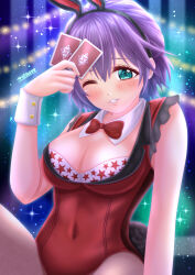 1girl breasts card cleavage highres kakkou_no_iinazuke leotard medium_breasts playboy_bunny playing_card purple_hair red_leotard segawa_hiro solo