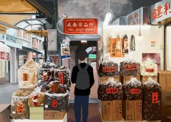 1boy absurdres ame_(amemgmgmg) backpack bad_id bad_pixiv_id bag box cardboard_box commentary_request from_behind highres huge_filesize lamp male_focus original outdoors road scenery security_camera shop solo standing street taiwan