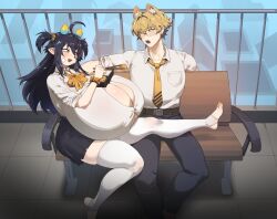 Rule 34 | 1boy, 1girl, ahoge, animal ear fluff, animal ears, belt, belt buckle, black belt, black hair, black skirt, blonde hair, blush, bow, bowtie, breasts, brown belt, buckle, cat ears, cat girl, cat tail, cleavage, collared shirt, extra ears, gigantic breasts, glasses, gloves, haitai umita, hetero, highres, long hair, looking at another, necktie, open mouth, original, pants, pleated skirt, pointy ears, school uniform, shirt, shirt tucked in, sitting, skirt, stirrup legwear, tail, thick thighs, thighhighs, thighs, toeless legwear, white shirt, yellow necktie