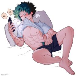 1boy abs absurdres black_male_underwear boku_no_hero_academia bottomless cellphone clothes_in_mouth clothes_lift colored_pubic_hair dekudash glans green_pubic_hair highres holding holding_phone implied_pornography looking_at_phone male_focus male_underwear midoriya_izuku moaning mouth_hold multiple_scars nipples no_pants pectorals penis phone pillow precum pubic_hair puff_of_air scar scar_on_arm shirt shirt_in_mouth shirt_lift small_penis smartphone teeth thighs underwear white_shirt