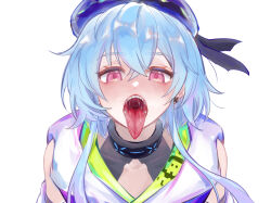 1boy arknights beret blue_hair blue_hat collarbone commentary_request earrings gradient_hair hat highres infection_monitor_(arknights) jewelry looking_at_viewer male_focus mizuki_(arknights) multicolored_hair niiiiiiiii open_mouth pink_eyes short_hair_with_long_locks single_earring teeth tongue tongue_out trap white_background