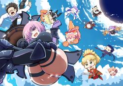 =_= anger_vein animal_ears animal_hands artoria_pendragon_(fate) artoria_pendragon_(lancer_alter)_(fate) black_jacket black_thighhighs breasts chibi claw_(weapon) commentary_request cu_chulainn_(fate) cu_chulainn_(fate/stay_night) cu_chulainn_(third_ascension)_(fate) falling fate/grand_order fate_(series) fox_ears fox_girl fox_tail fujimaru_ritsuka_(female) fujimaru_ritsuka_(male) gae_bolg_(fate) gilgamesh_(fate) gilgamesh_(immoral_biker_jacket)_(fate) gloves hair_over_one_eye holding holding_polearm holding_sword holding_wand holding_weapon horse jacket large_breasts leonardo_da_vinci_(fate) mash_kyrielight mash_kyrielight_(demi-servant) meltryllis_(fate) meltryllis_(third_ascension)_(fate) midair mordred_(fate) mordred_(third_ascension)_(fate) one_side_up panties pantyshot passionlip_(fate) paw_gloves paw_shoes pink_eyes pink_hair polearm pororokka_(macareo) prosthesis prosthetic_leg riyo_(lyomsnpmp)_(style) spear suzuka_gozen_(fate) sweat sword tail tamamo_(fate) tamamo_cat_(fate) thigh_strap thighhighs underwear wand weapon white_panties