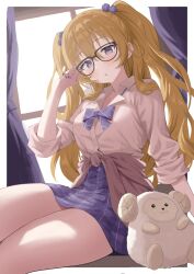 1girl :o bespectacled black-framed_eyewear blush bow bowtie cardigan cardigan_around_waist clothes_around_waist commentary_request glasses hair_bobbles hair_ornament highres konoe_kanata long_hair looking_at_viewer love_live! love_live!_nijigasaki_high_school_idol_club miniskirt open_mouth pink_cardigan plaid_bow plaid_bowtie plaid_clothes purple_bow purple_bowtie purple_skirt shirt sitting skirt sleeves_rolled_up solo stuffed_goat thighs two_side_up white_shirt yuu_(shampoohatslime)