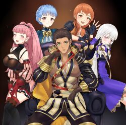 1boy 4girls blue_hair breasts brown_eyes brown_hair claude_von_riegan claude_von_riegan_(timeskip) commission dark-skinned_male dark_skin earrings fire_emblem fire_emblem:_three_houses gold_cape green_eyes highres hilda_valentine_goneril hilda_valentine_goneril_(timeskip) igni_tion jewelry large_breasts leonie_pinelli leonie_pinelli_(timeskip) lysithea_von_ordelia lysithea_von_ordelia_(timeskip) marianne_von_edmund marianne_von_edmund_(timeskip) multiple_girls nintendo orange_hair pink_eyes pink_hair white_hair