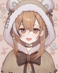 1girl :d animal_hood bear_hood berry brown_capelet brown_eyes brown_hair capelet crossed_bangs drawn_ears fruit_background fur_trim highres hololive hololive_english hood long_hair looking_at_viewer multicolored_hair nanashi_mumei notice_lines official_alternate_costume open_mouth portrait ribbon simple_background smile sparkle streaked_hair szuukie virtual_youtuber