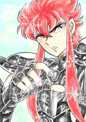 Rule 34 | 1980s (style), 1boy, aquarius camus, armor, black armor, cryokinesis, eyelashes, eyeshadow, gauntlets, hand up, kurumada masami (style), lipstick, long hair, looking at viewer, makeup, male focus, nail polish, official style, oldschool, parted lips, pauldrons, powering up, red eyes, red hair, red lips, red nails, retro artstyle, saint seiya, shoulder armor, snow, snowflakes, solo, sparkle, trap, upper body, v-shaped eyebrows, witchhunterrip