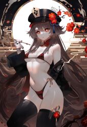 1girl absurdres bikini black_hat black_jacket black_thighhighs breasts brown_hair commentary_request cowboy_shot flipped_hair flower flower-shaped_pupils genshin_impact hat highleg highleg_bikini highres hu_tao_(genshin_impact) jacket jacket_partially_removed long_hair looking_at_viewer plum_blossoms porkpie_hat pov red_flower revision rukunikun side-tie_bikini_bottom small_breasts smoking_pipe solo swimsuit symbol-shaped_pupils thighhighs twintails