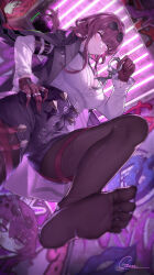 1girl absurdres arm_belt artist_name belt between_breasts black_belt black_jacket black_shorts breasts cleavage cleavage_cutout closed_mouth clothing_cutout collared_shirt cuffs earrings eyewear_on_head feet geez gloves glowing glowing_eyes hair_between_eyes hand_on_own_hip handcuffs high-waist_shorts highres holding holding_handcuffs honkai:_star_rail honkai_(series) indoors jacket jewelry kafka_(honkai:_star_rail) large_breasts legs light_blush long_hair long_sleeves looking_at_viewer multiple_rings no_shoes pantyhose pantyhose_under_shorts purple_eyes purple_gloves purple_hair purple_pantyhose ring round_eyewear shirt shorts sidelocks signature smile soles solo standing standing_on_one_leg sunglasses thighs toes white_shirt