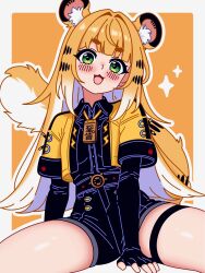 1girl absurdres ahoge animal_ear_fluff animal_ears animal_print belt between_legs black_belt black_gloves black_hair black_shirt black_shorts border breasts collared_shirt cropped_jacket elbow_gloves eyebrows_hidden_by_hair fingerless_gloves gloves hand_between_legs high-waist_shorts highres jacket jewelry ju_fufu looking_at_viewer magikflaan multicolored_hair necklace orange_background orange_hair outside_border shirt short-sleeved_jacket short_sleeves shorts sitting small_breasts smile solo sparkle spread_legs streaked_hair tail thigh_strap thighs tiger_ears tiger_girl tiger_print tiger_tail white_border white_shirt zenless_zone_zero