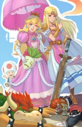 2girls 3boys :d ;d armlet armor bead_necklace beads belt black_armor blonde_hair blue_background blue_eyes bowser bracelet bracer bruise bruise_on_face cape choker circlet claws closed_mouth colored_skin crossover crown defeat dirty dress elbow_pads food ganondorf gerudo gloves green_skin hair_flaps hand_on_own_hip happy high_heels highres horns index_finger_raised injury jewelry lips long_dress long_hair looking_at_viewer mario_(series) monster multicolored_dress multiple_boys multiple_girls mushroom necklace nintendo one_eye_closed open_mouth parted_bangs pink_dress planted planted_sword planted_weapon pointy_ears princess princess_peach princess_zelda puffy_short_sleeves puffy_sleeves red_hair ring round_teeth short_sleeves shoulder_spikes simple_background smile spiked_armlet spiked_bracelet spiked_choker spiked_shell spikes standing stepped_on super_princess_peach super_smash_bros. sword teeth the_legend_of_zelda the_legend_of_zelda:_a_link_between_worlds the_legend_of_zelda:_ocarina_of_time toad_(mario) toeless_legwear turnip umbrella upper_teeth_only vegetable weapon white_dress white_gloves wink x_x yagaminoue