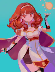 1girl armor black_skirt black_thighhighs breastplate cape celica_(fire_emblem) choker dress earrings fingerless_gloves fire fire_emblem fire_emblem_echoes:_shadows_of_valentia gloves highres jewelry long_hair magic nintendo orange_eyes orange_hair princess red_eyes red_hair ruuu_ran_ran skirt solo thighhighs white_armor white_dress