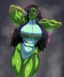 1girl absurdres arms_up breasts colored_skin curvy drakkaiart female_focus gloves green_eyes green_hair green_skin highres huge_breasts leotard long_hair looking_at_viewer marvel matching_hair/eyes muscular muscular_female she-hulk solo thick_thighs thighs wide_hips zipper