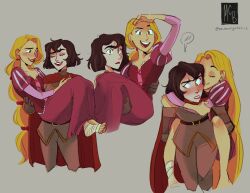 2girls armor bandages belt black_hair blush cape carrying carrying_person cassandra_(tangled) closed_eyes dress full_armor green_eyes grey_background hair_between_eyes highres hug hug_from_behind long_hair looking_at_another multiple_girls multiple_views noidontgetthis open_mouth parted_lips piggyback princess_carry purple_dress rapunzel_(disney) red_cape red_lips short_hair signature smile spoken_blush tangled rapunzel&#039;s_tangled_adventure teeth upper_teeth_only very_long_hair yuri