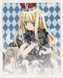 2girls absurdres blonde_hair chachazero crown doll doll_joints evangeline_a.k._mcdowell feathers garter_straps gothic_lolita green_eyes highres joints lolita_fashion mahou_sensei_negima! maid_headdress miyashita_miki multiple_girls robot_ears scan thighhighs