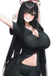 Rule 34 | 1girl, absurdres, alternate costume, arm behind head, arms up, bare arms, black hair, black halo, black pants, black shirt, blue archive, blunt bangs, breasts, bright pupils, cleavage, collared shirt, commentary, cowboy shot, grin, hair ornament, hairclip, halo, hashtag-only commentary, highres, huge breasts, long hair, looking at viewer, midriff, multicolored halo, navel, one eye closed, open collar, pants, poharo, red eyes, red halo, ringed eyes, rio (blue archive), shirt, short sleeves, simple background, smile, solo, stretching, teeth, two-tone halo, very long hair, white background, white pupils