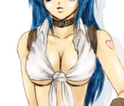 1girl 2000s_(style) blacksmith_(ragnarok_online) blue_hair breast_focus breasts cleavage commentary_request crop_top eyes_out_of_frame feliciel head_out_of_frame heart heart_tattoo large_breasts long_hair lowres oekaki open_mouth ragnarok_online shirt shoulder_tattoo simple_background sleeveless sleeveless_shirt solo tattoo tied_shirt upper_body white_background white_shirt