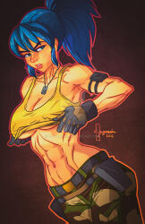 1girl blue_eyes blue_hair breasts cleavage clothes_grab clothes_lift covered_erect_nipples e-guzman e.guzmanart female_focus gloves grabbing_own_breast hands_on_own_chest large_breasts leather leona_heidern long_hair medium_breasts military nipples pale_skin pants ponytail shiny_skin shirt shirt_grab shirt_lift solo standing tank_top the_king_of_fighters thick_lips thighs tight_clothes tight_shirt toned toned_female underboob undressing