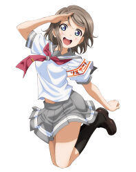 1girl armband artbook black_socks blue_eyes blush grey_hair grey_skirt highres jumping kneehighs loafers looking_at_viewer love_live! love_live!_sunshine!! midriff_peek miniskirt neckerchief non-web_source official_art open_mouth pleated_skirt red_neckerchief round_teeth sailor_collar salute school_uniform serafuku shirt shoes short_hair short_sleeves simple_background skirt smile socks solo summer_uniform teeth tie_clip uranohoshi_school_uniform watanabe_you white_background white_shirt